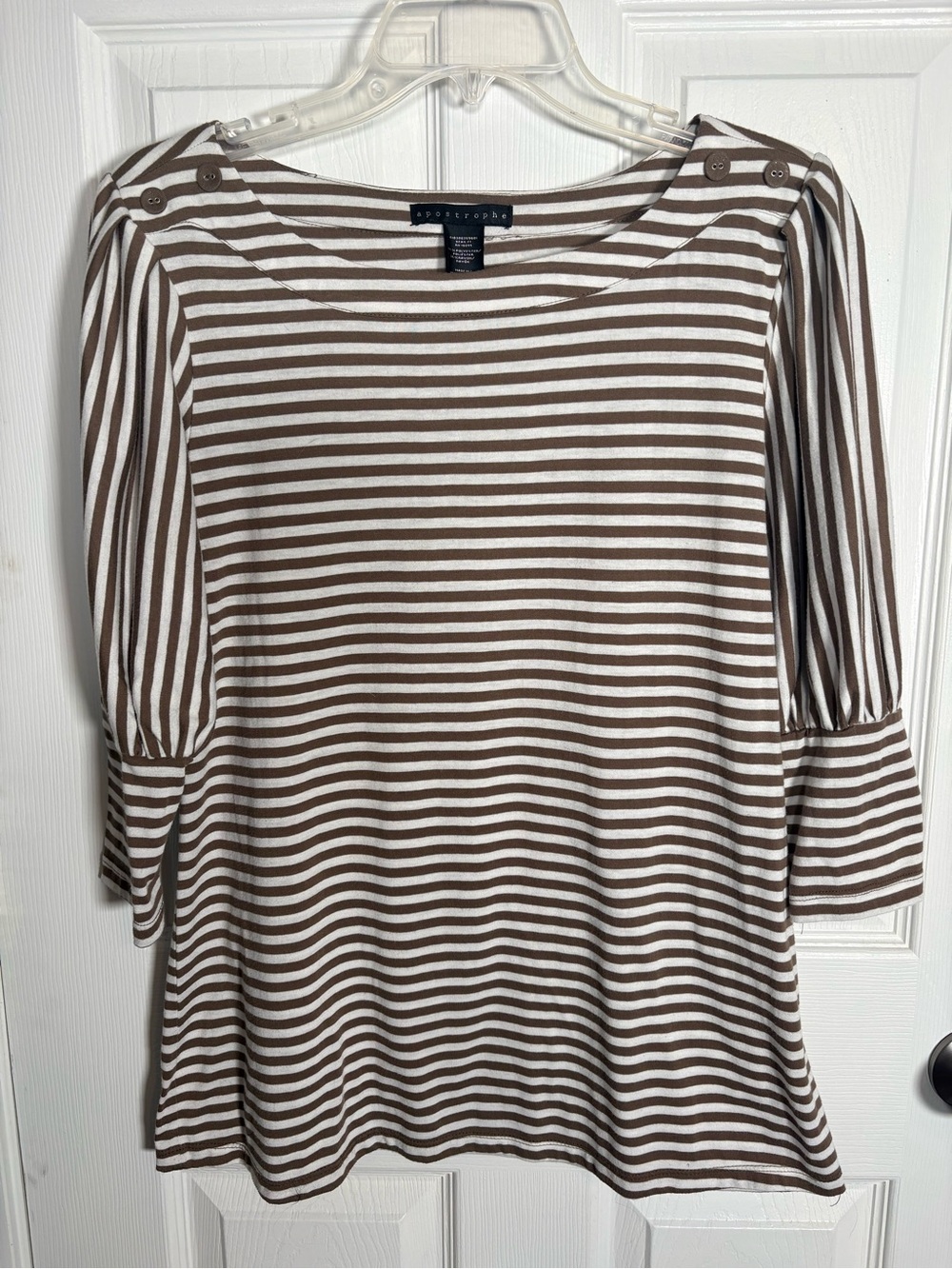 Apostrophe Brown and White Striped Boatneck Top with Button Shoulder Size Large